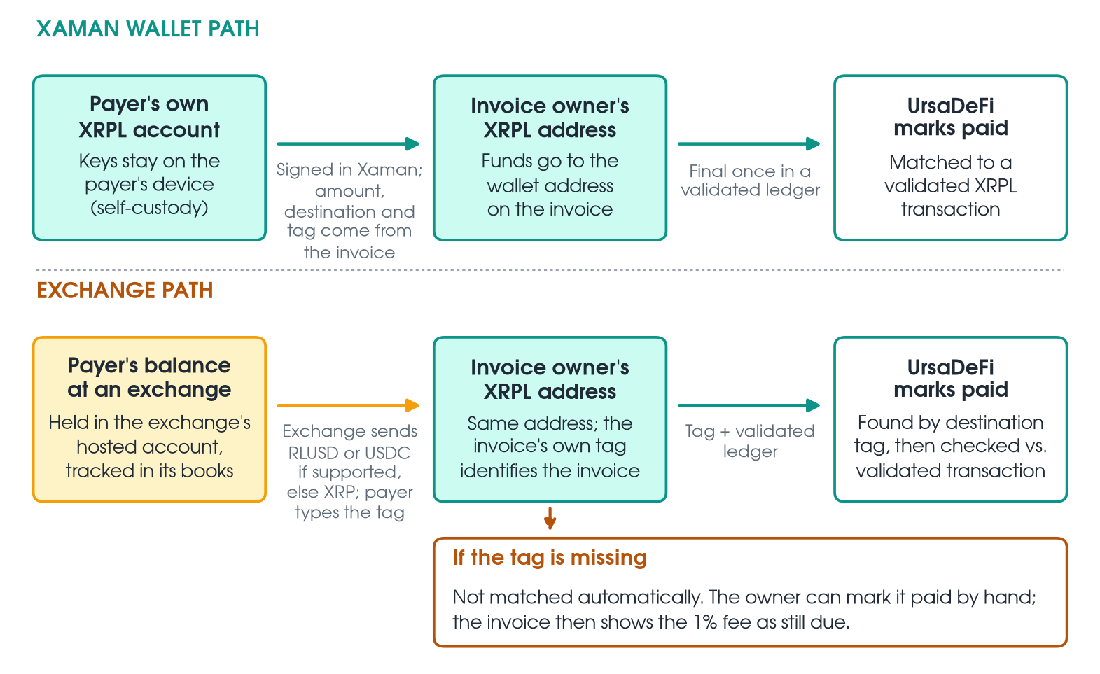 Flow diagram with two lanes. Xaman wallet path: payer's own XRPL account signs a payment in Xaman with amount, destination and tag from the invoice, to the invoice owner's address; UrsaDeFi marks it paid after a validated XRPL transaction. Exchange path: payer's balance sits in the exchange's hosted account; the exchange sends RLUSD or USDC if it supports withdrawing them on the XRP Ledger, otherwise XRP, and the payer types the destination tag; UrsaDeFi finds it by tag and checks the validated transaction. If the tag is missing, it is not matched automatically and the owner can mark it paid by hand, with the 1% fee shown as still due.
